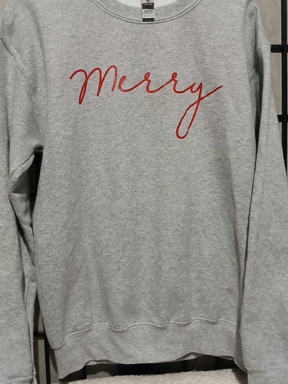 Gildan Gray Crewneck Sweatshirt with Red "Merry" Script